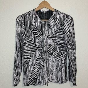 Obstinee Black and White Zip Up Fitted asymmetrical, long sleeve Jacket Top 4